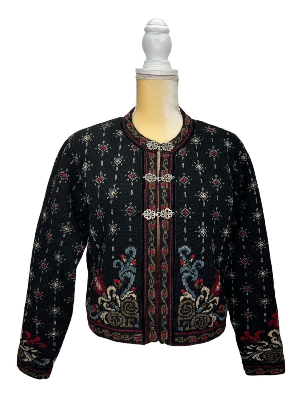 Vintage Icelandic Design Wool Cardigan Size Small Lined Black Red Olive Blue